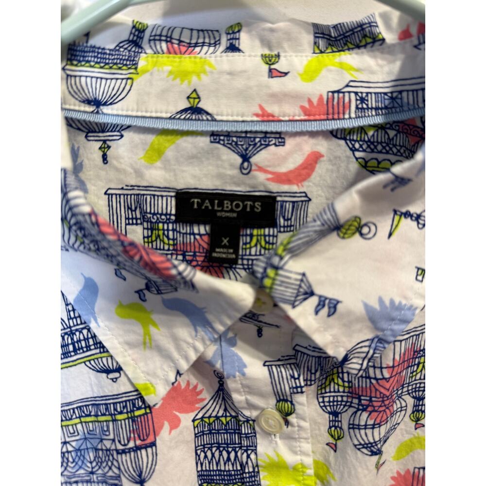 Talbots Women XL Birdcage Bird Print Button Front Shirt 100% Cotton - Picture 2 of 12